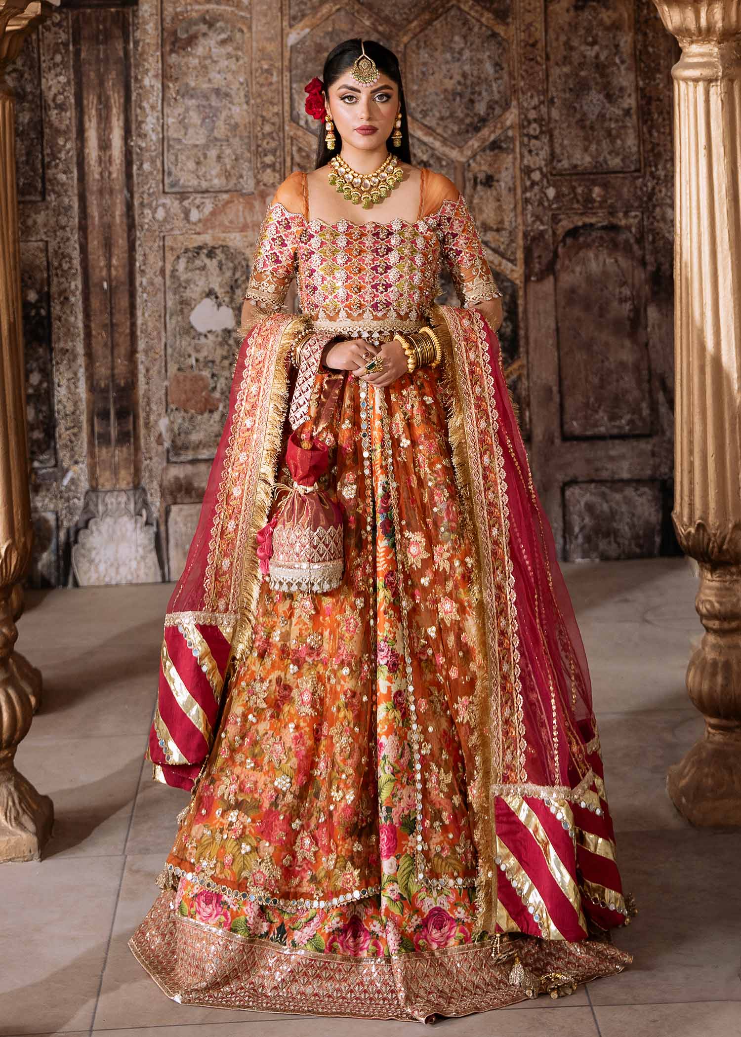Orange Embroidered Net & Silk Lehenga Choli (3-Piece) - Image 1