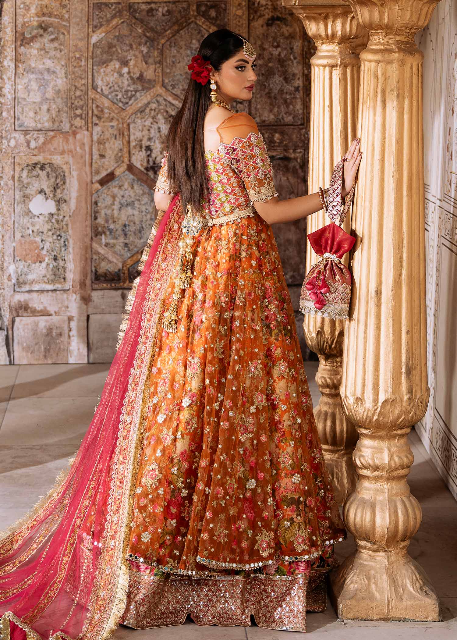 Orange Embroidered Net & Silk Lehenga Choli (3-Piece) - Image 2