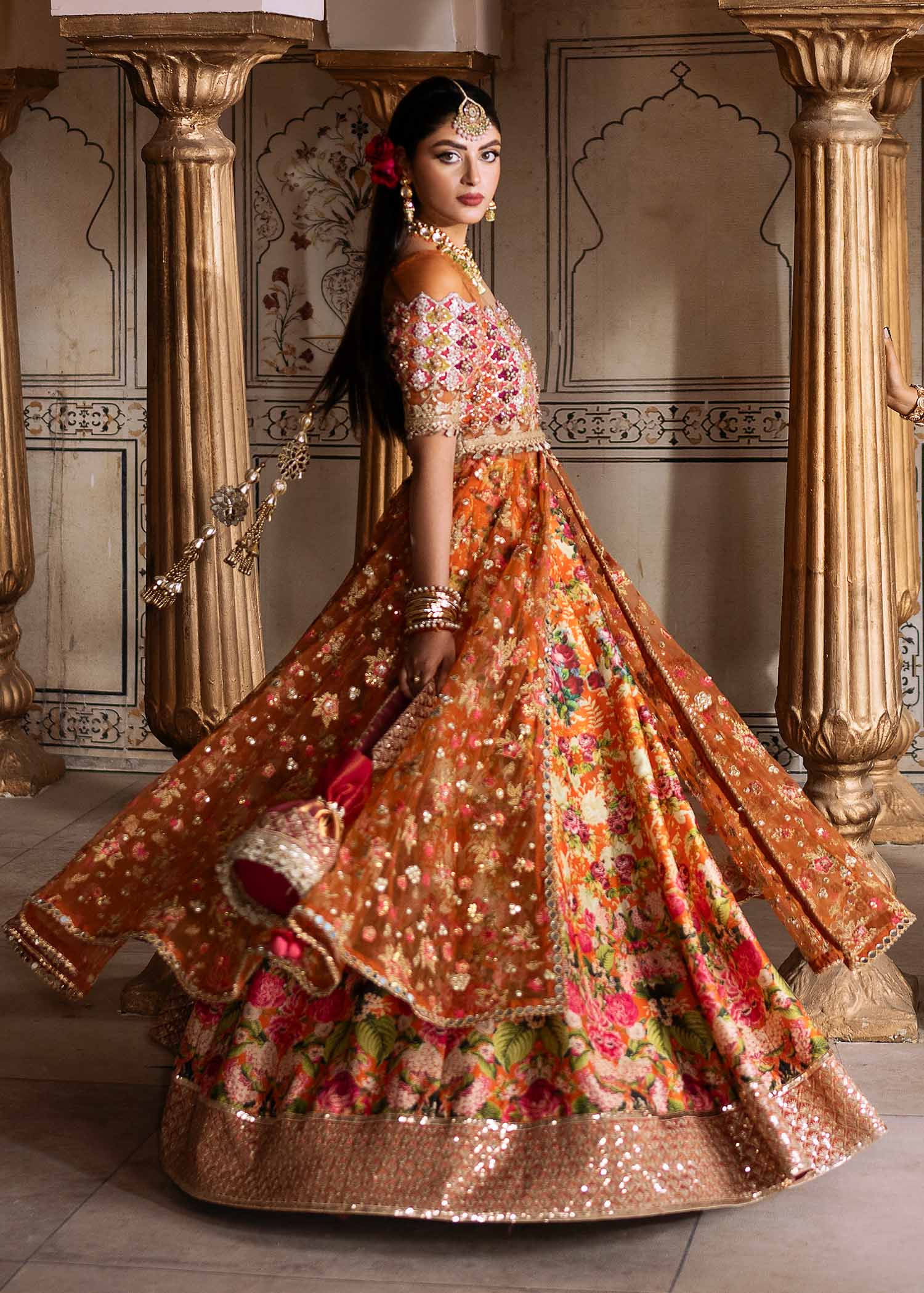 Orange Embroidered Net & Silk Lehenga Choli (3-Piece) - Image 3
