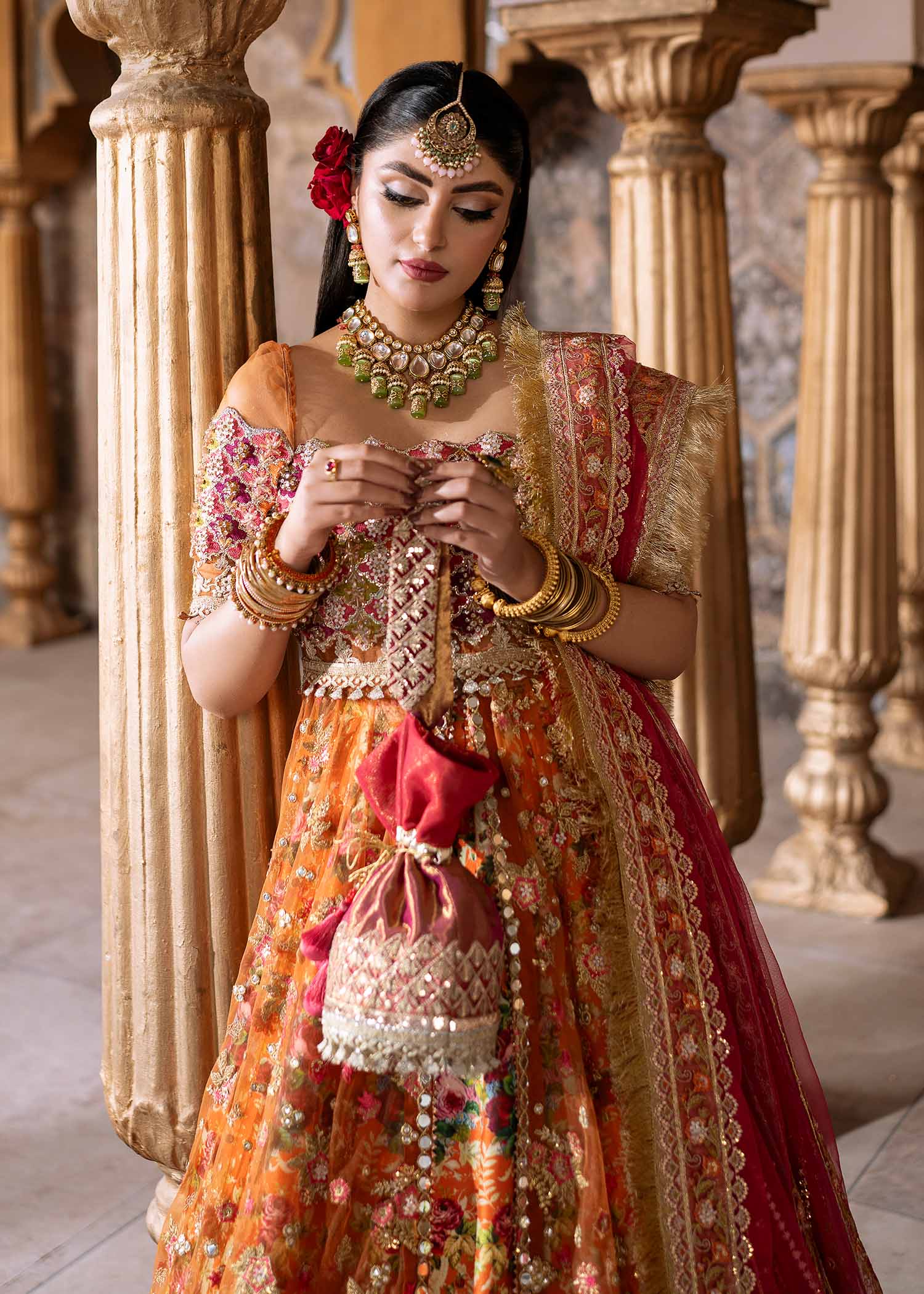 Orange Embroidered Net & Silk Lehenga Choli (3-Piece) - Image 4