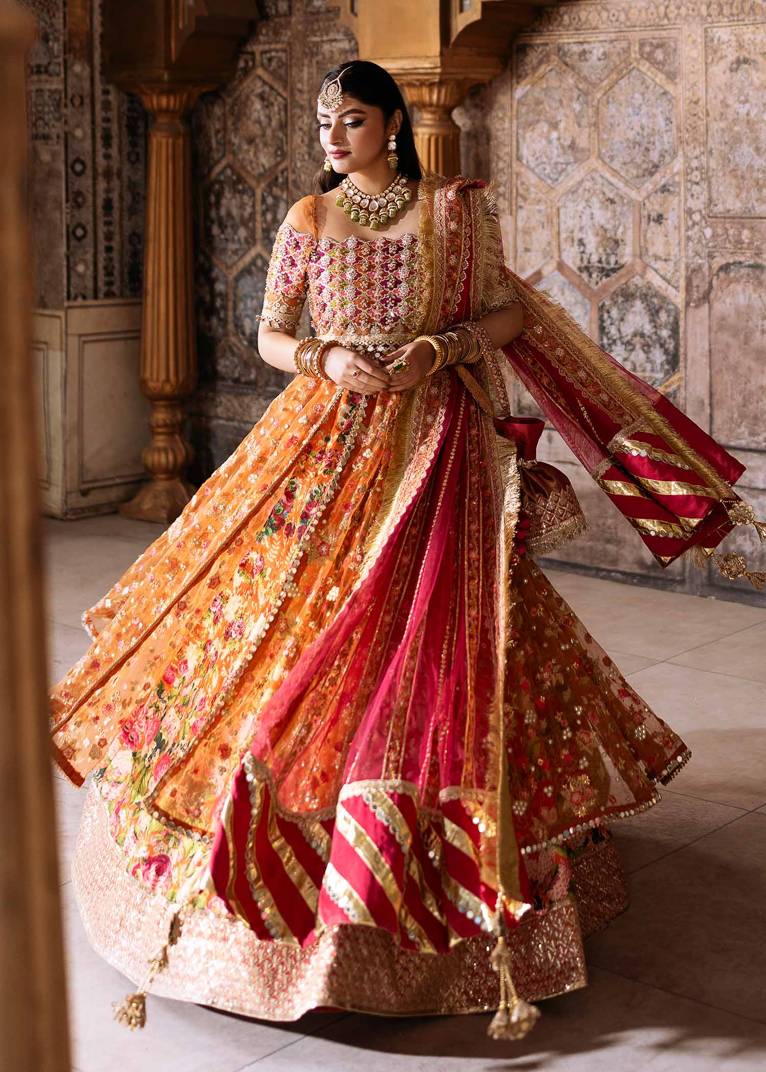 Orange Embroidered Net & Silk Lehenga Choli (3-Piece) - Image 5