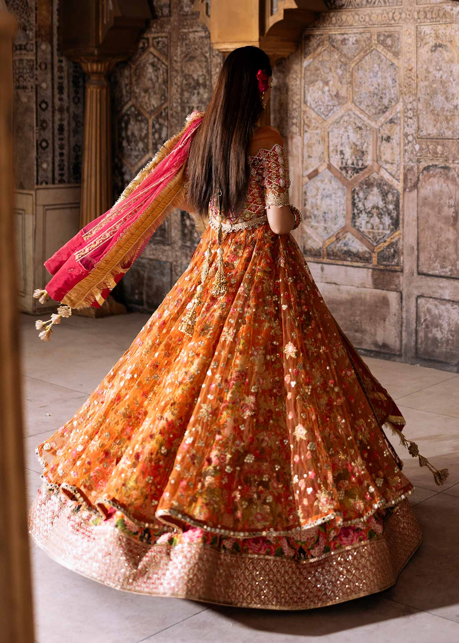 Orange Embroidered Net & Silk Lehenga Choli (3-Piece) - Image 6