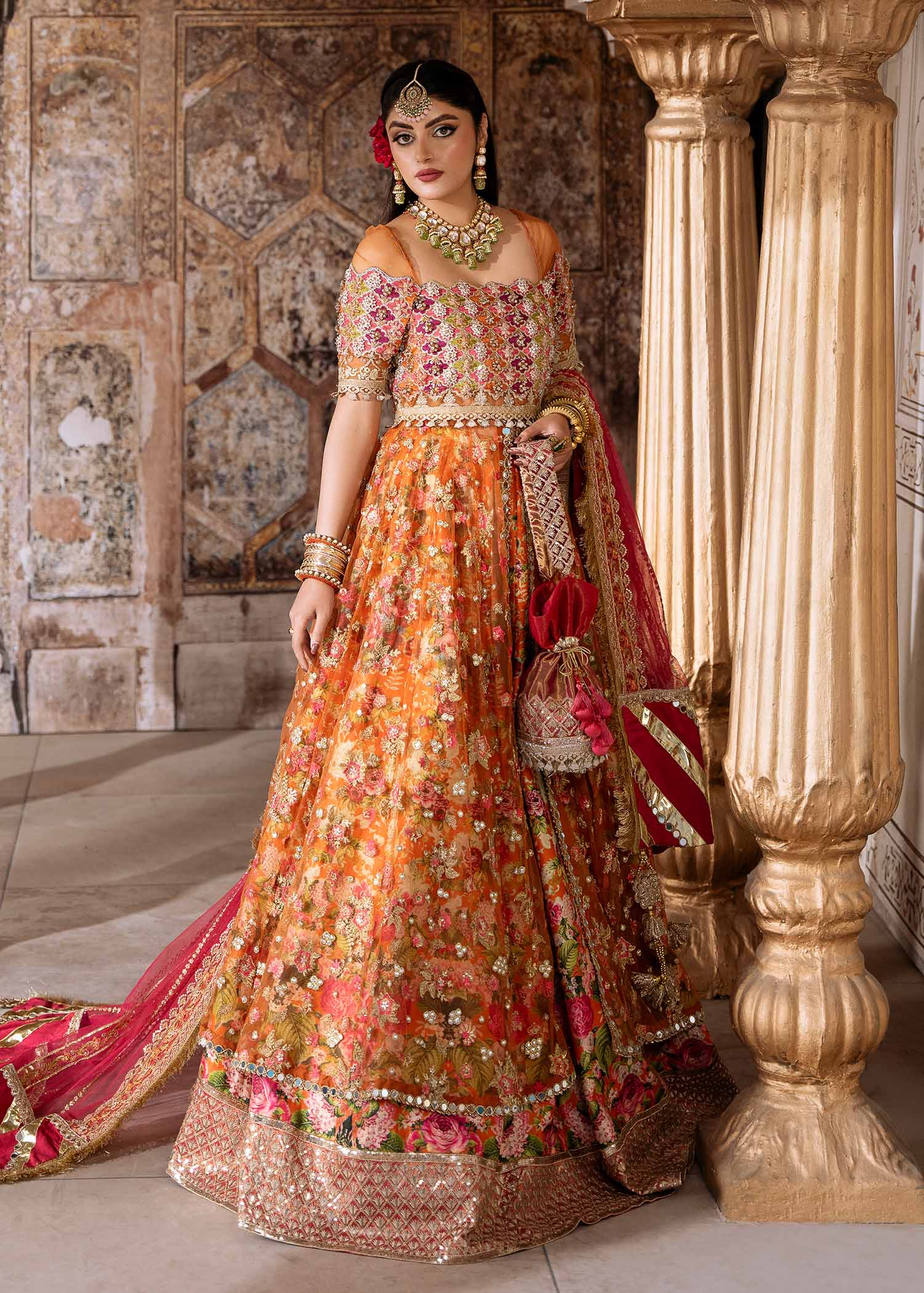 Orange Embroidered Net & Silk Lehenga Choli (3-Piece) - Image 7