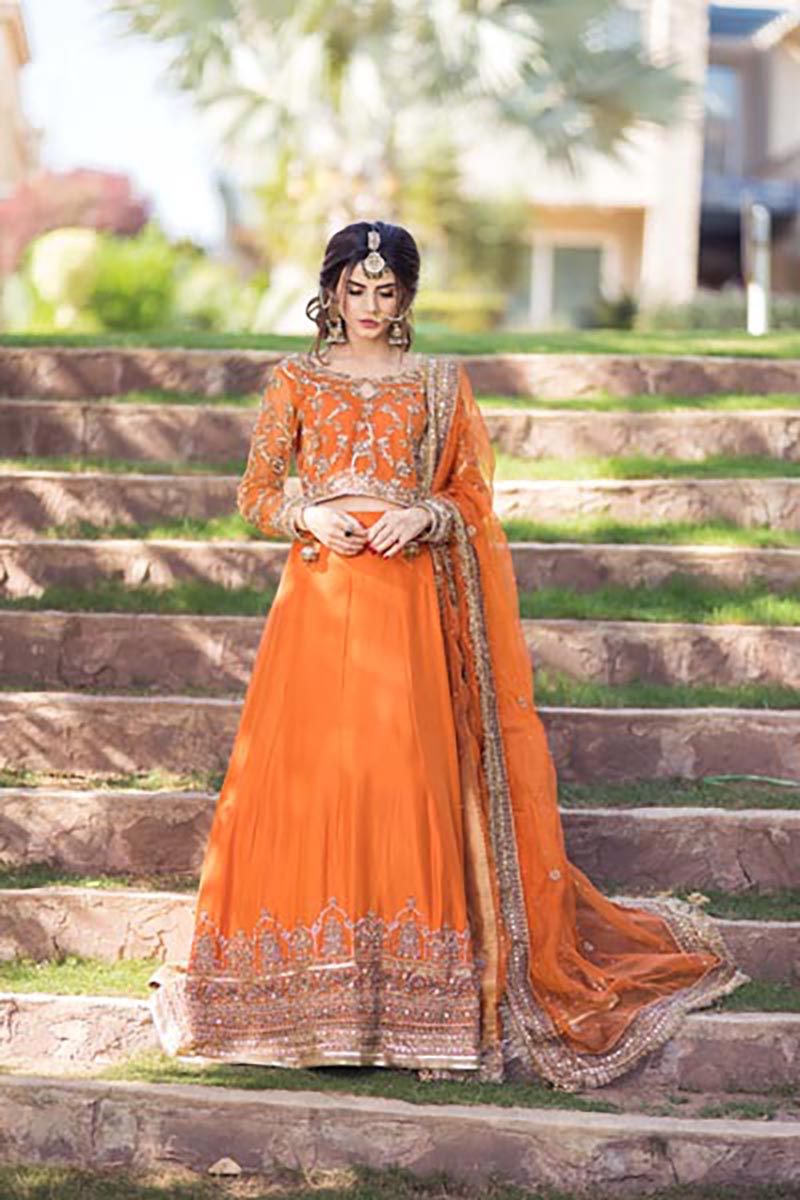 Fresh Orange Embroidered Pure Silk Bridal Lehenga (3-Piece) - Image 1