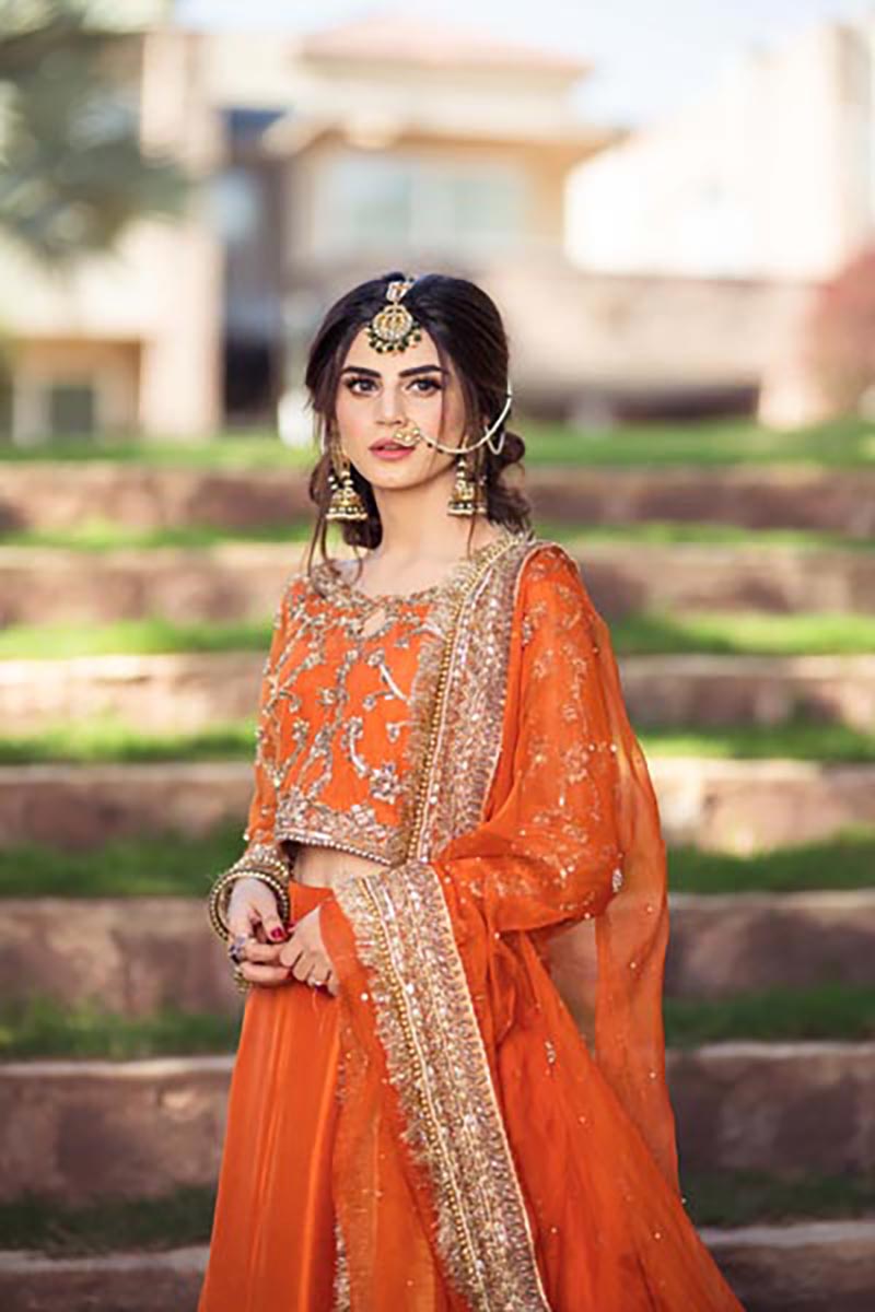 Fresh Orange Embroidered Pure Silk Bridal Lehenga (3-Piece) - Image 2