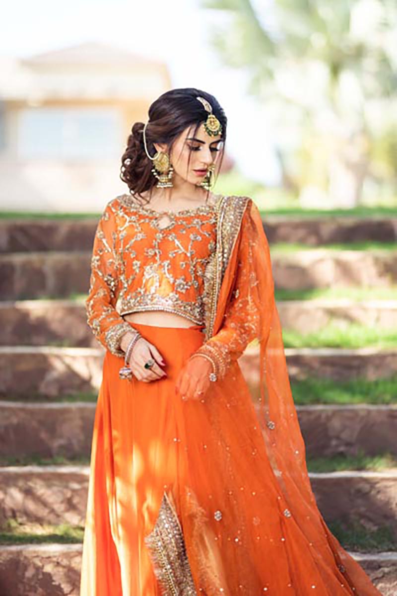 Fresh Orange Embroidered Pure Silk Bridal Lehenga (3-Piece) - Image 3