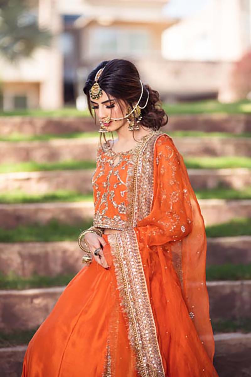 Fresh Orange Embroidered Pure Silk Bridal Lehenga (3-Piece) - Image 4