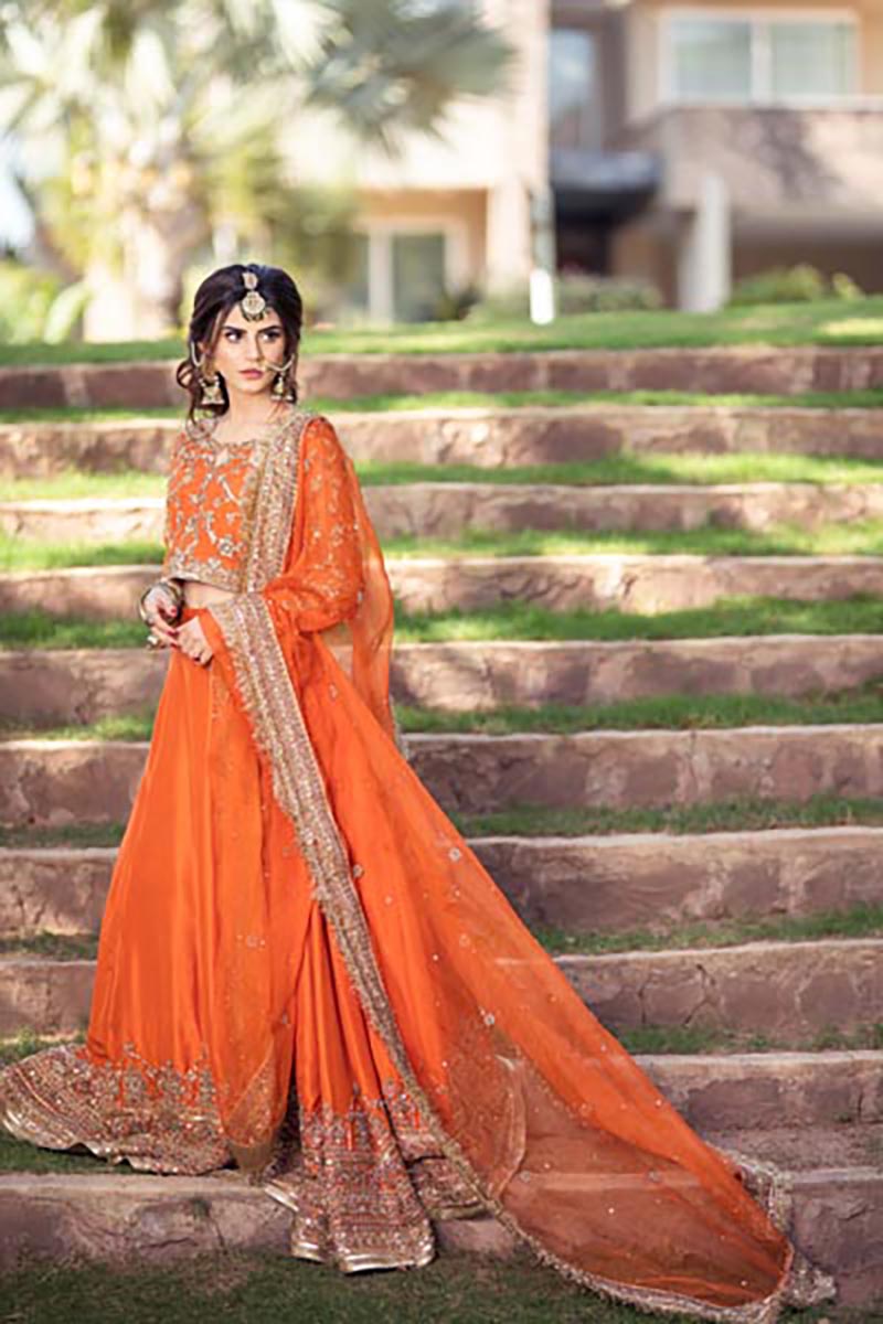 Fresh Orange Embroidered Pure Silk Bridal Lehenga (3-Piece) - Image 5