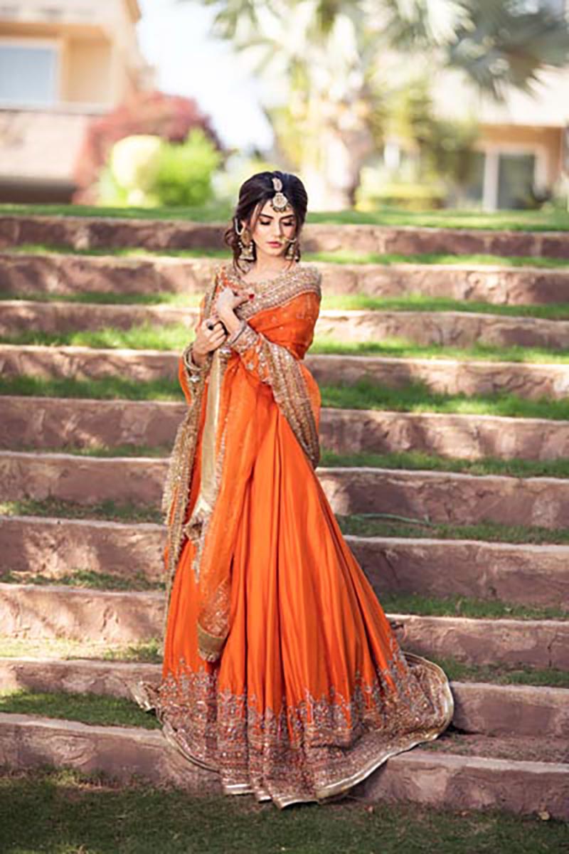 Fresh Orange Embroidered Pure Silk Bridal Lehenga (3-Piece) - Image 6