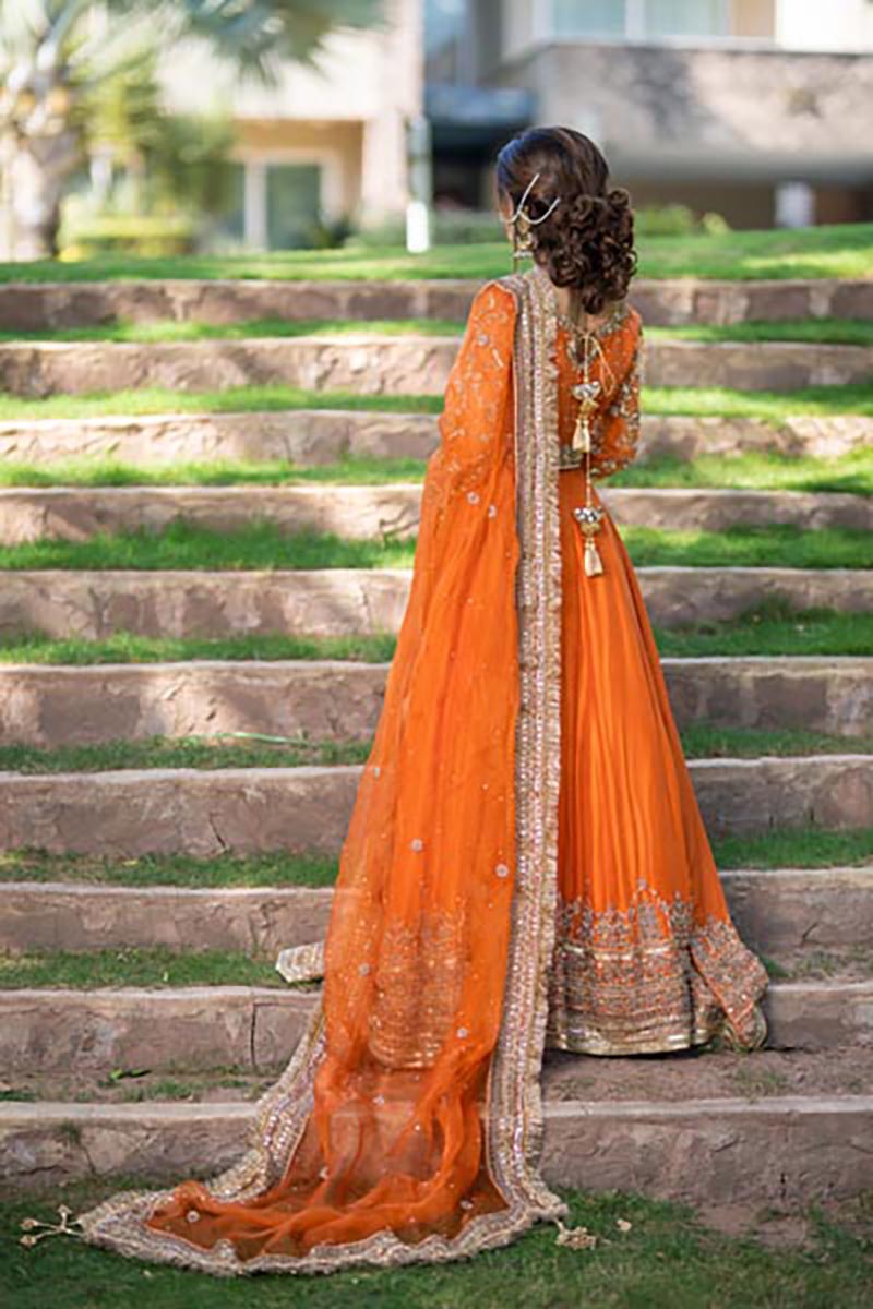 Fresh Orange Embroidered Pure Silk Bridal Lehenga (3-Piece) - Image 7
