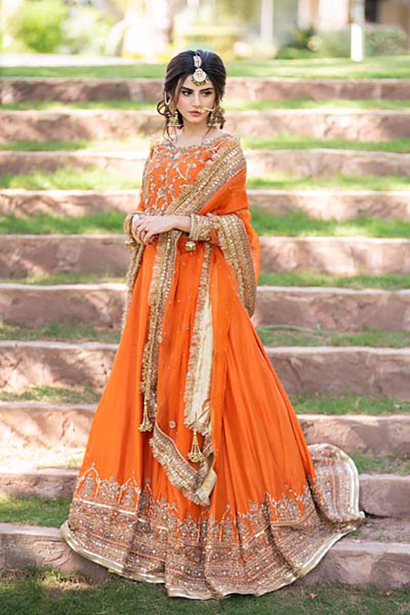 Fresh Orange Embroidered Pure Silk Bridal Lehenga (3-Piece) - Image 8