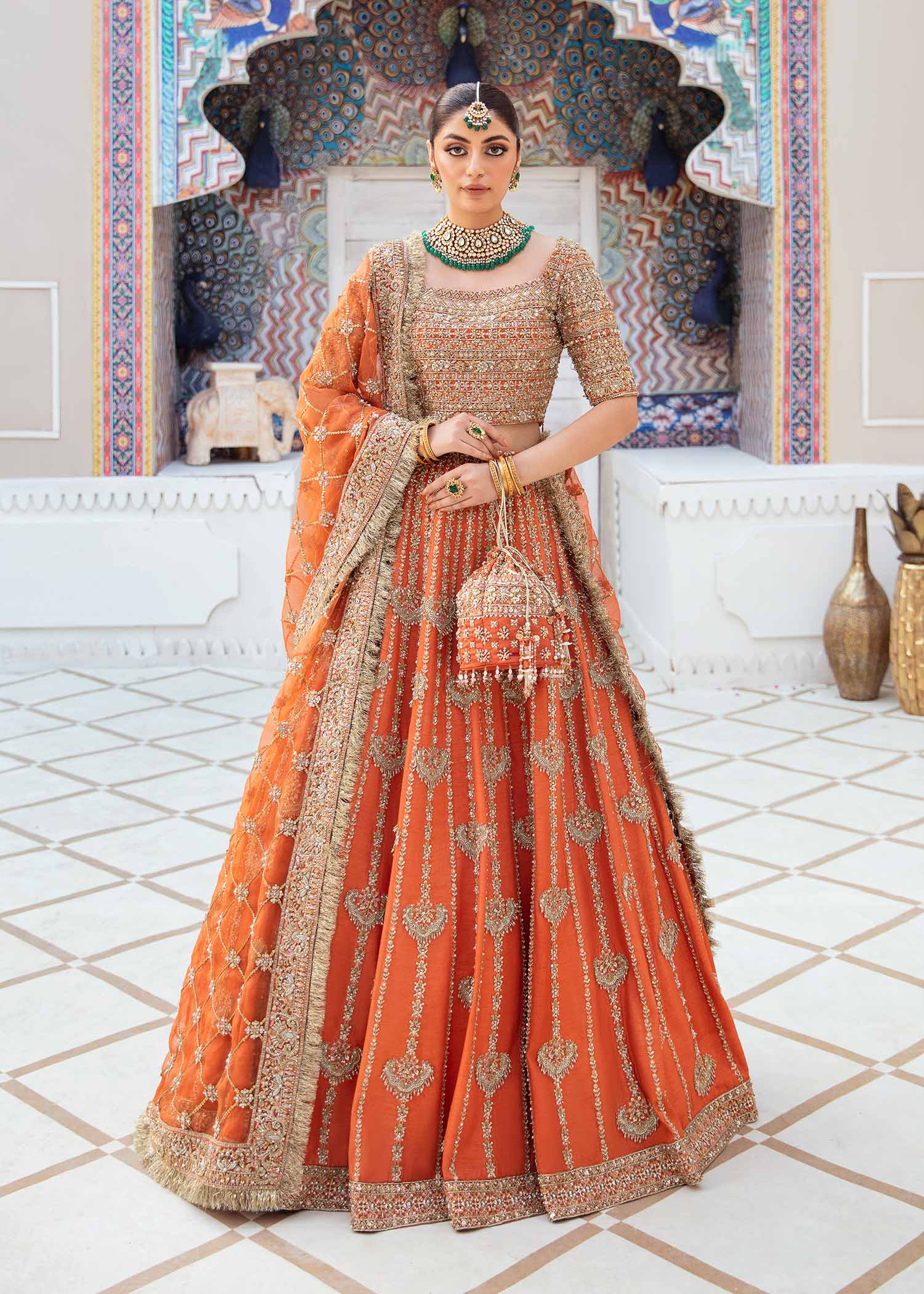 Pakistani Orange Embroidered Raw Silk & Organza Lehenga Choli (3-Piece) - Image 1