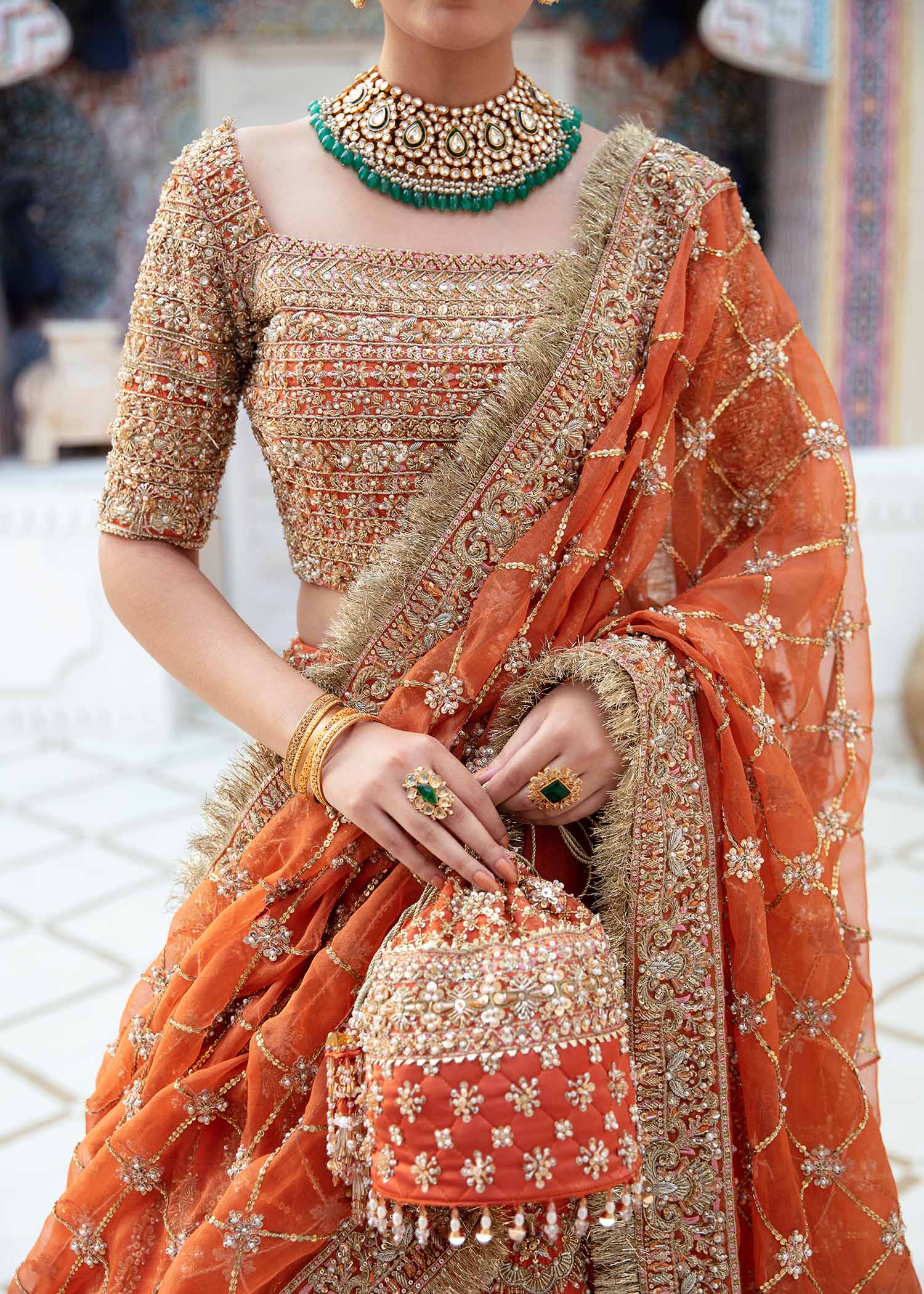 Pakistani Orange Embroidered Raw Silk & Organza Lehenga Choli (3-Piece) - Image 2