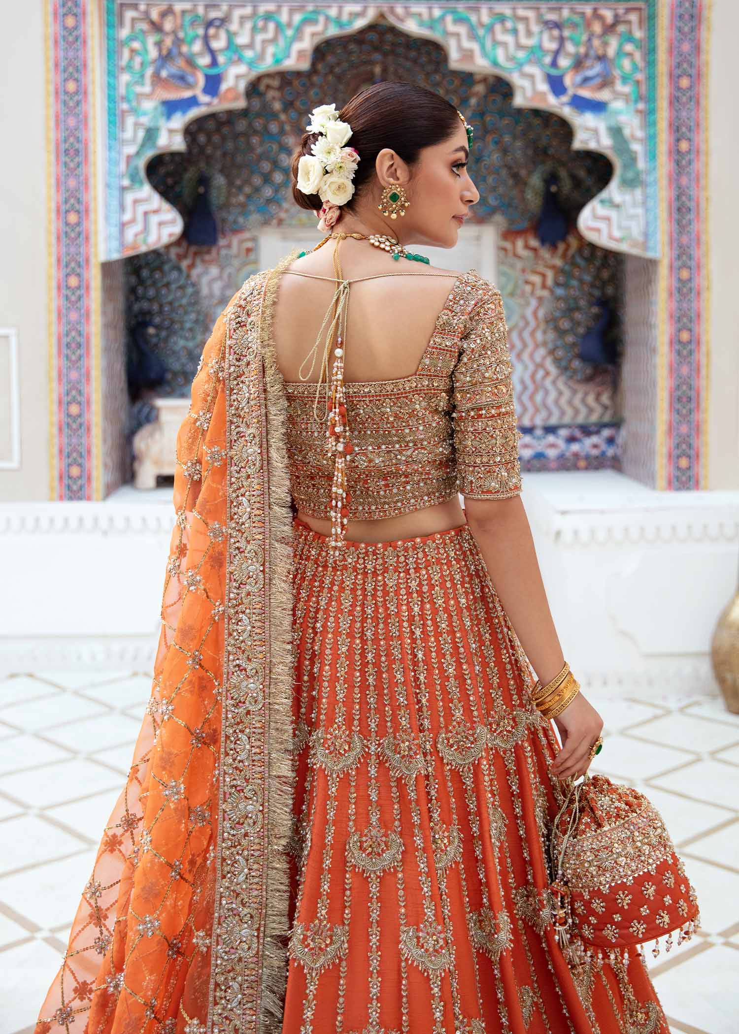 Pakistani Orange Embroidered Raw Silk & Organza Lehenga Choli (3-Piece) - Image 3