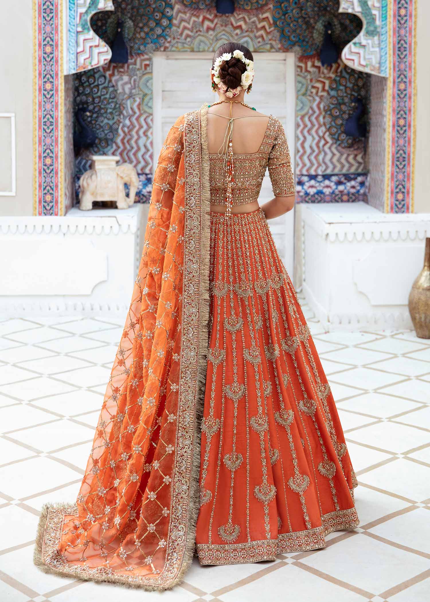 Pakistani Orange Embroidered Raw Silk & Organza Lehenga Choli (3-Piece) - Image 4