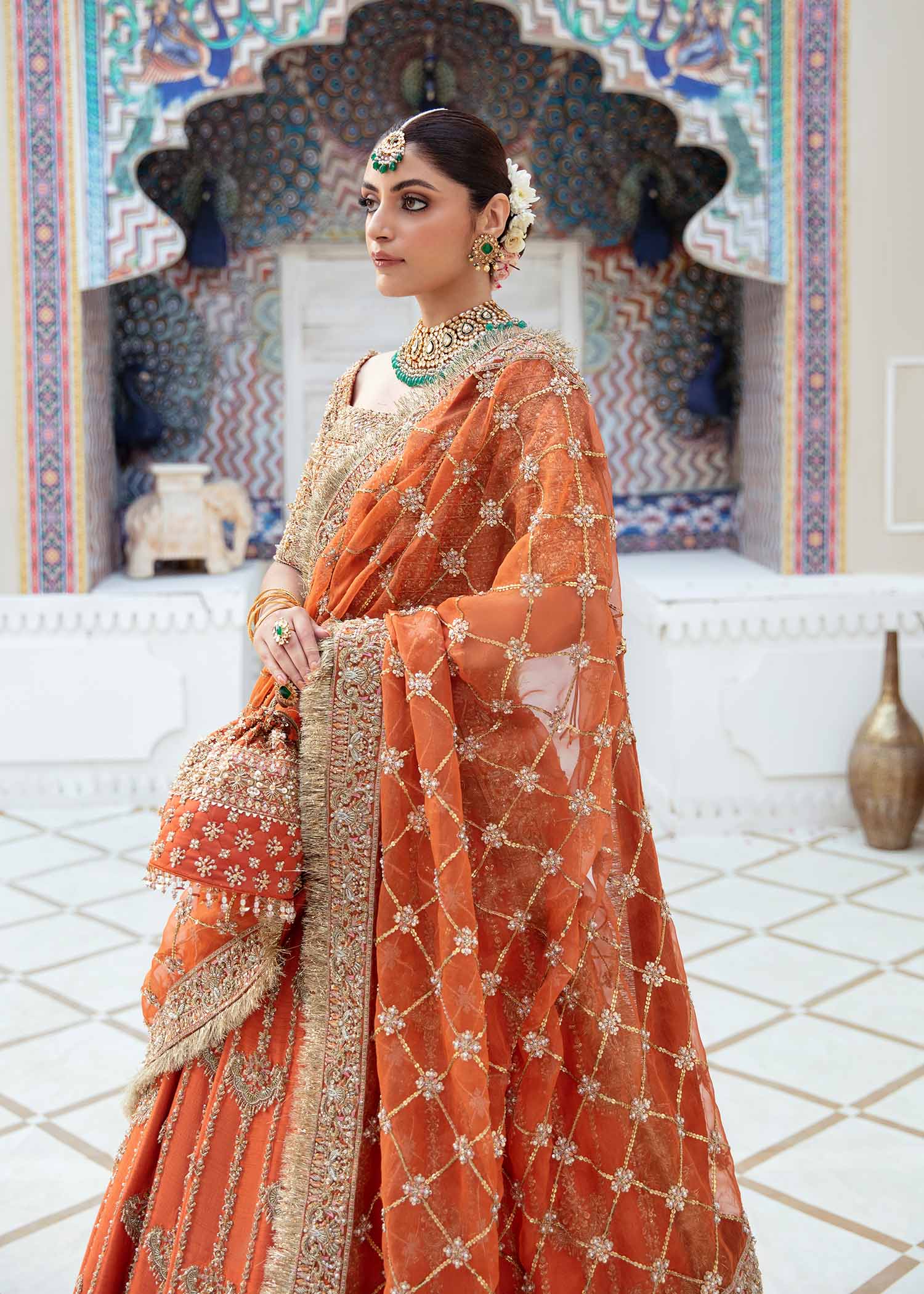 Pakistani Orange Embroidered Raw Silk & Organza Lehenga Choli (3-Piece) - Image 5