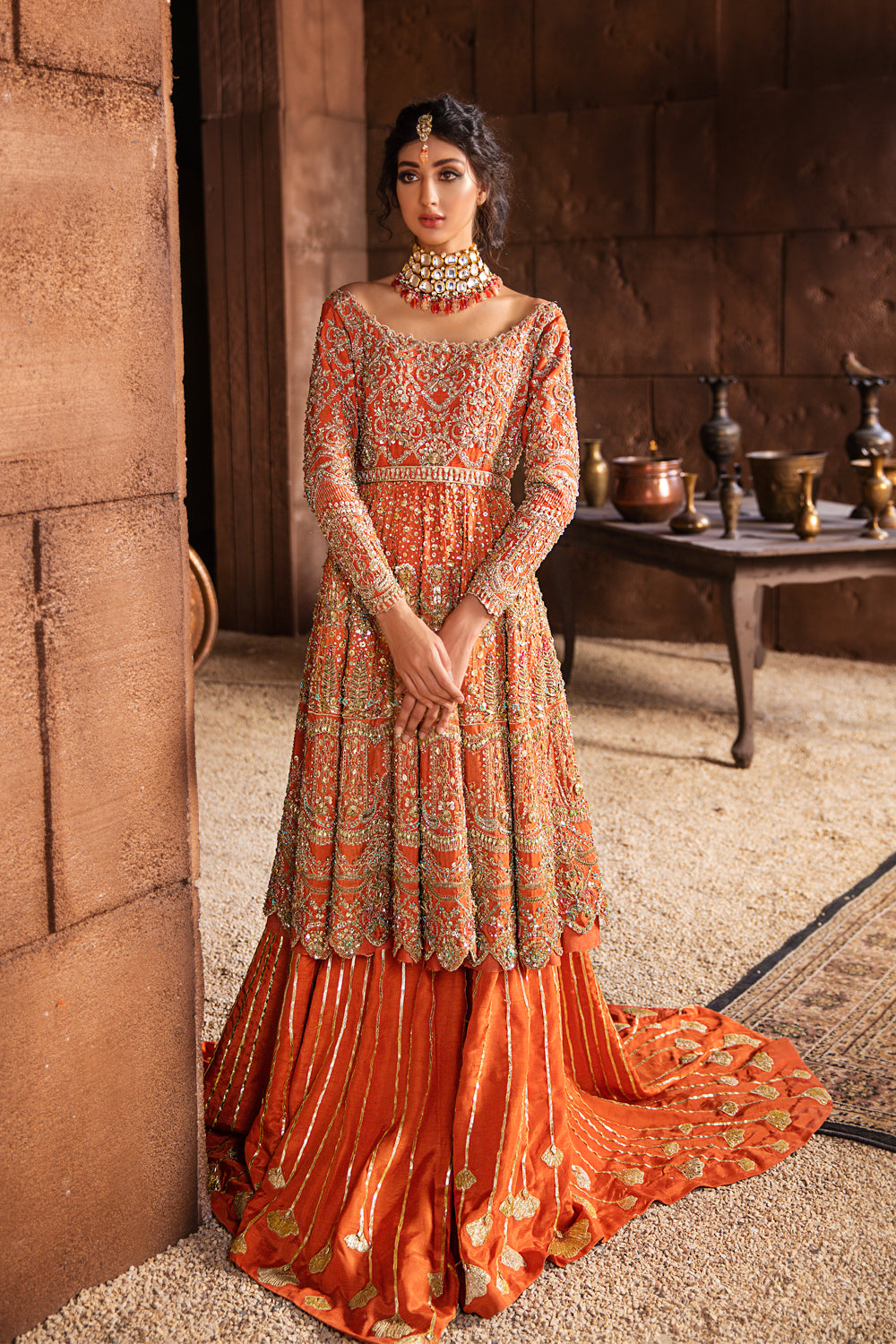 Pakistani Orange Hand-Embellished Raw Silk Bridal Lehenga (2-Piece) - Image 1