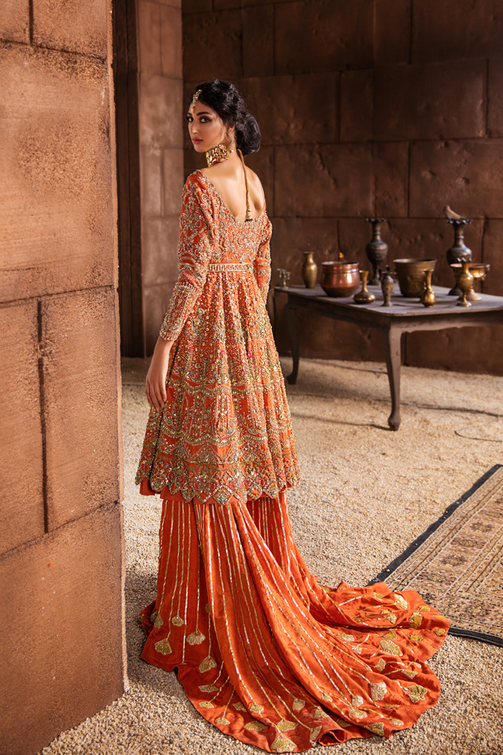 Orange Hand-Embellished Raw Silk Bridal Lehenga (2-Piece) - Image 2