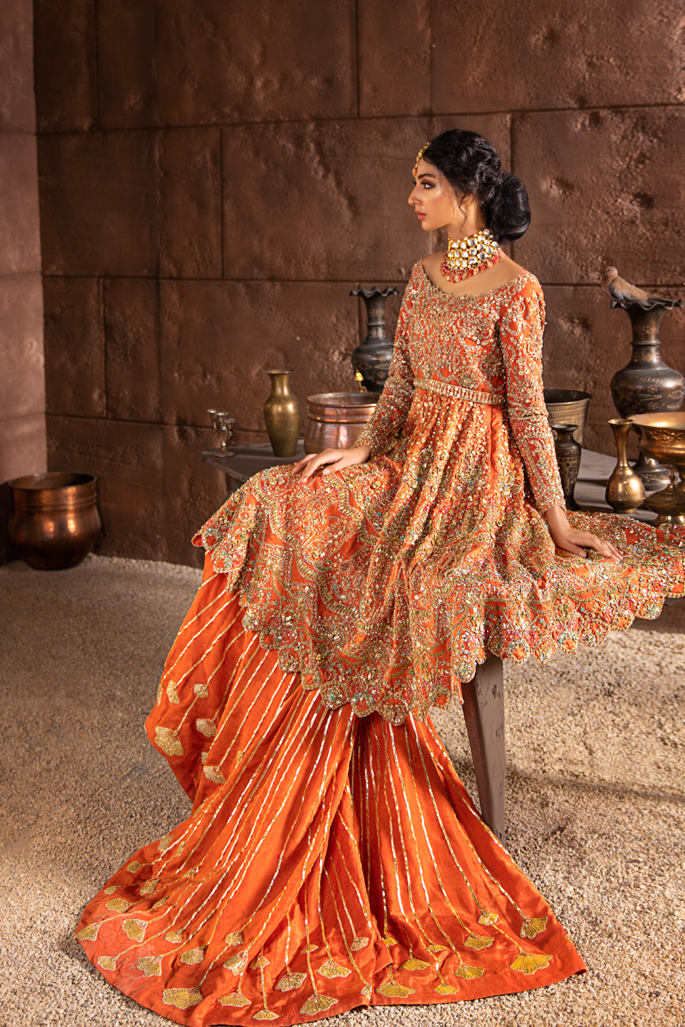 Orange Hand-Embellished Raw Silk Bridal Lehenga (2-Piece) - Image 4