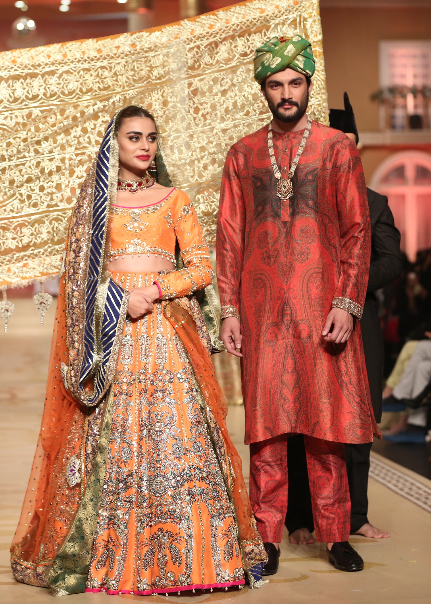 Orange Embroidered Raw Silk Lehenga Choli (3-Piece) - Image 2