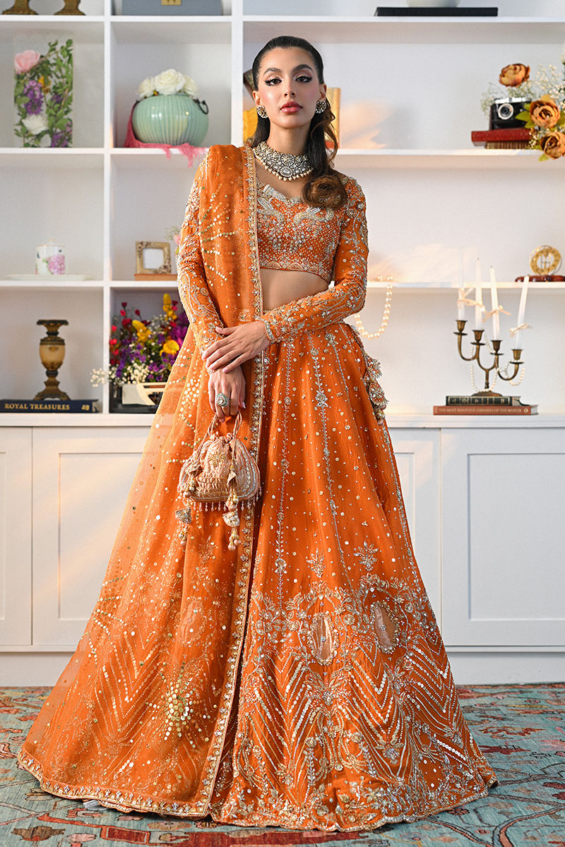 Pakistani Orange Embellished Raw Silk Lehenga Choli (3-Piece) - Image 1