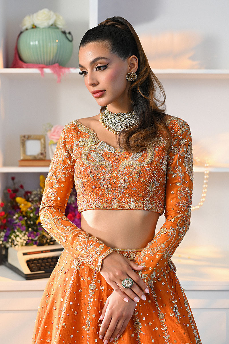 Pakistani Orange Embellished Raw Silk Lehenga Choli (3-Piece) - Image 2