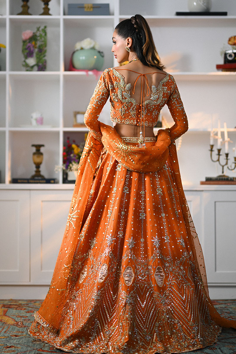 Pakistani Orange Embellished Raw Silk Lehenga Choli (3-Piece) - Image 3