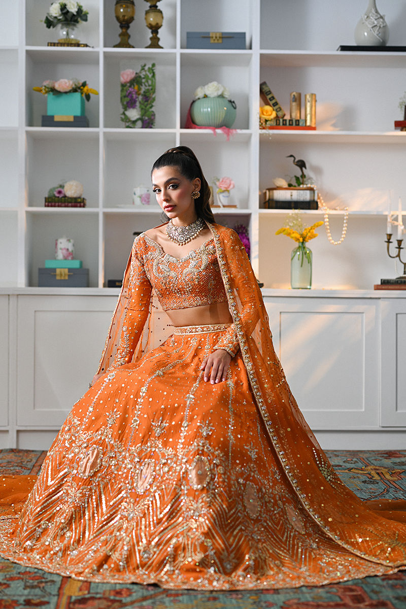 Pakistani Orange Embellished Raw Silk Lehenga Choli (3-Piece) - Image 4