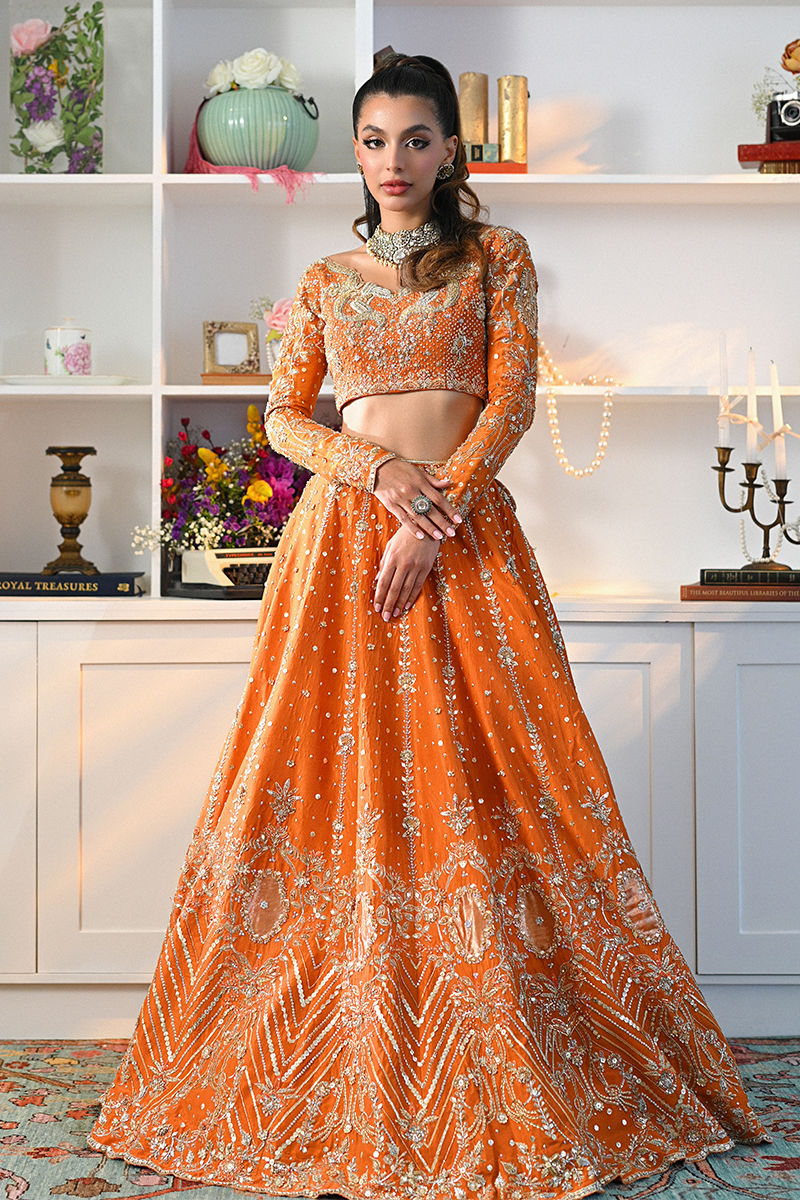 Pakistani Orange Embellished Raw Silk Lehenga Choli (3-Piece) - Image 5