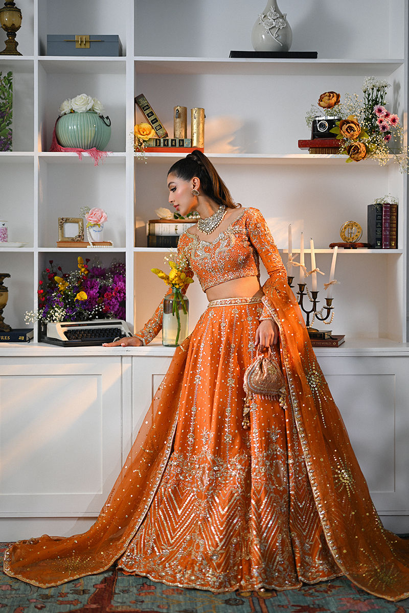 Pakistani Orange Embellished Raw Silk Lehenga Choli (3-Piece) - Image 6