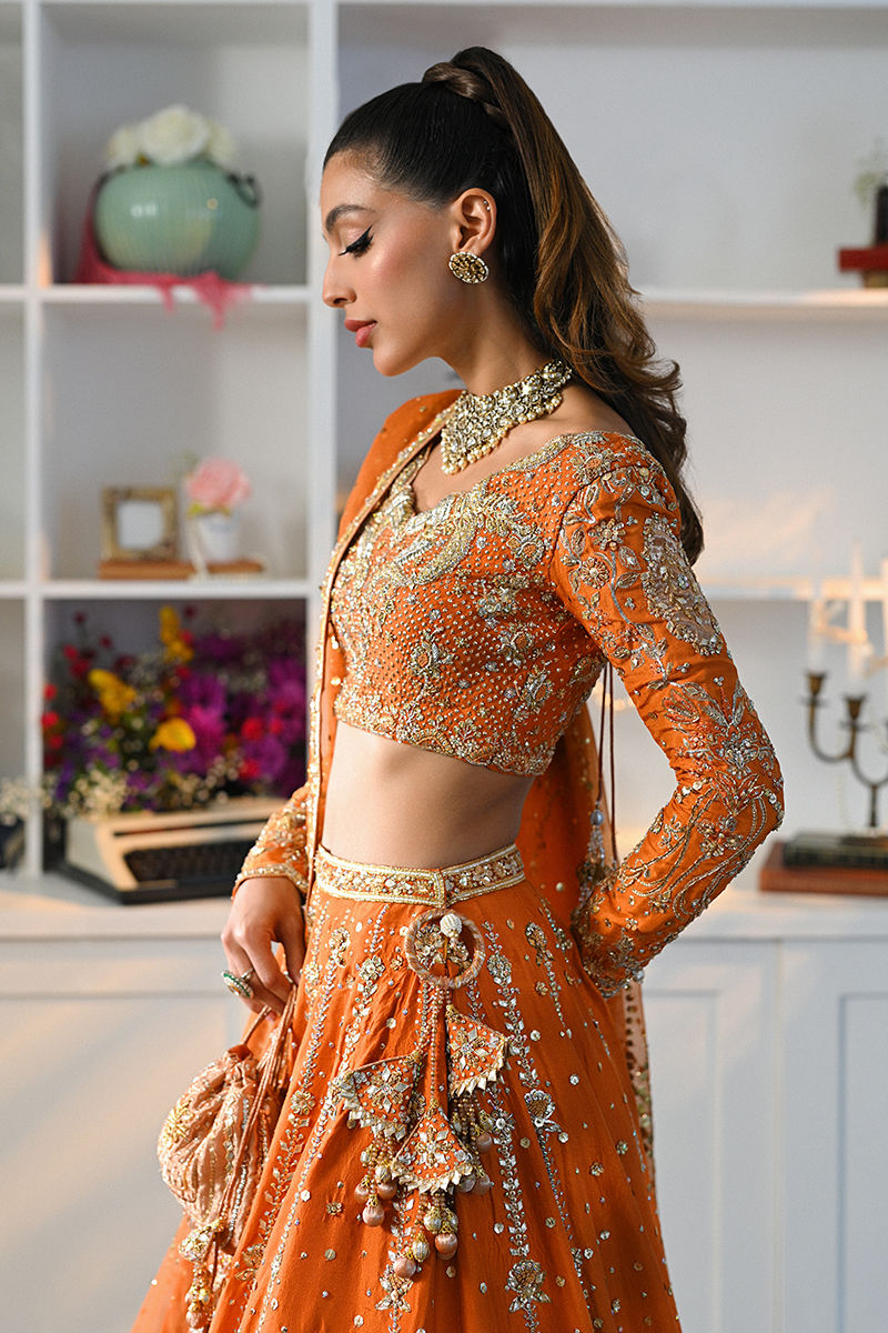 Pakistani Orange Embellished Raw Silk Lehenga Choli (3-Piece) - Image 7