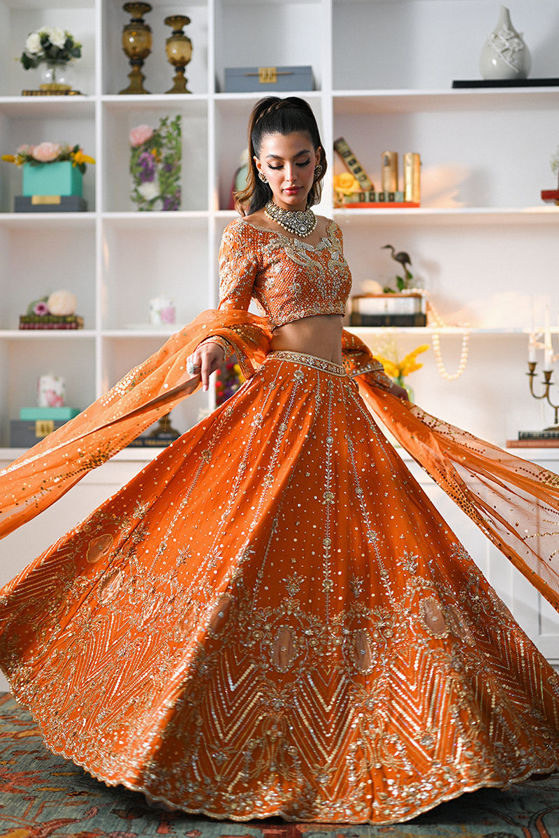 Pakistani Orange Embellished Raw Silk Lehenga Choli (3-Piece) - Image 8