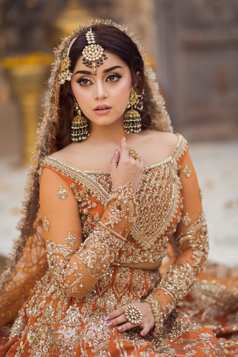 Pakistani Burnt Orange Embroidered Raw Silk Lehenga (3-Piece) - Image 1