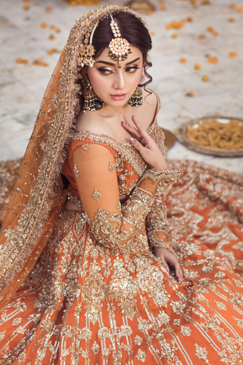 Pakistani Burnt Orange Embroidered Raw Silk Lehenga (3-Piece) - Image 2