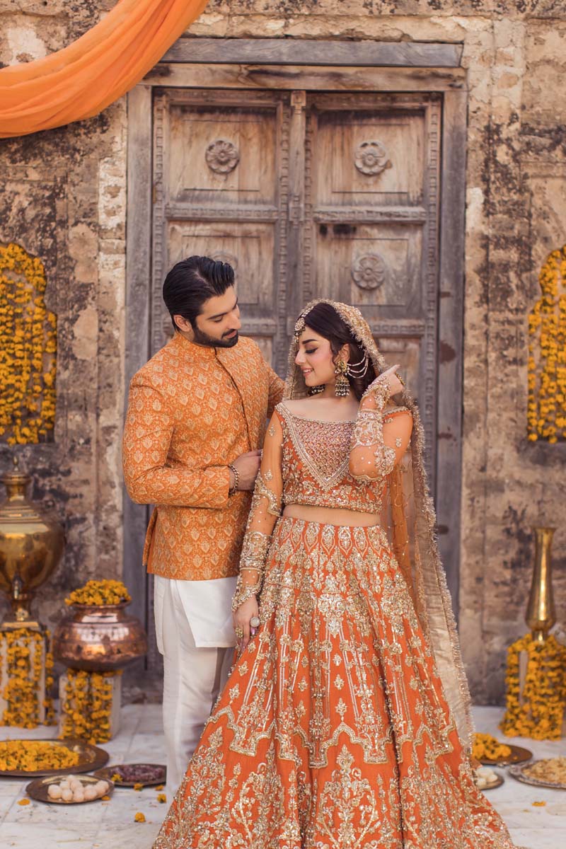 Pakistani Burnt Orange Embroidered Raw Silk Lehenga (3-Piece) - Image 3