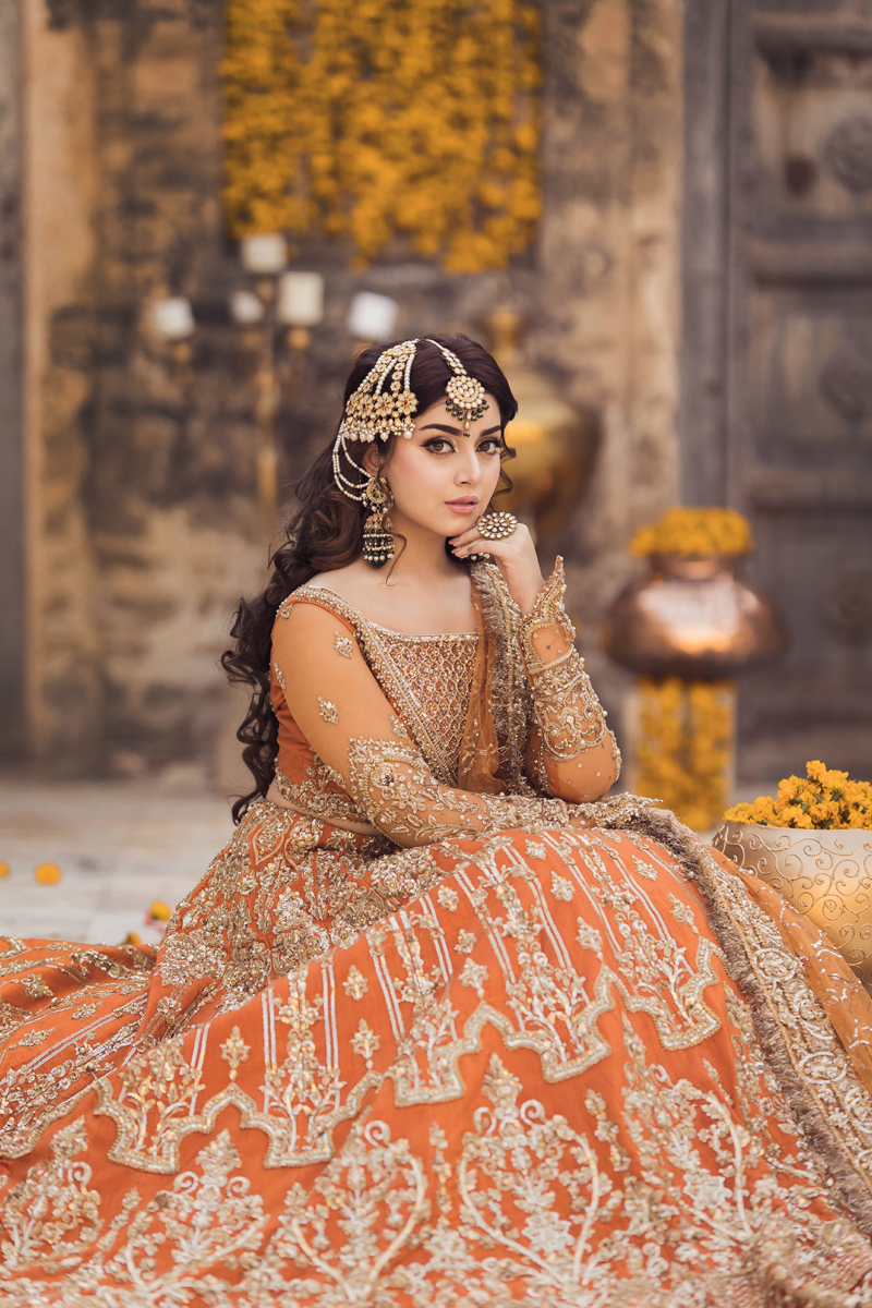Pakistani Burnt Orange Embroidered Raw Silk Lehenga (3-Piece) - Image 5