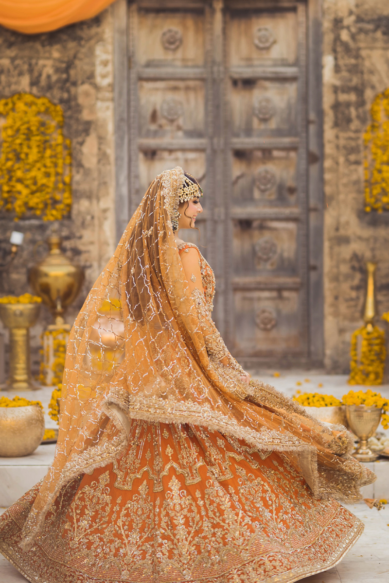 Pakistani Burnt Orange Embroidered Raw Silk Lehenga (3-Piece) - Image 8