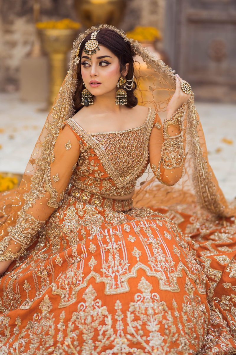 Pakistani Burnt Orange Embroidered Raw Silk Lehenga (3-Piece) - Image 9