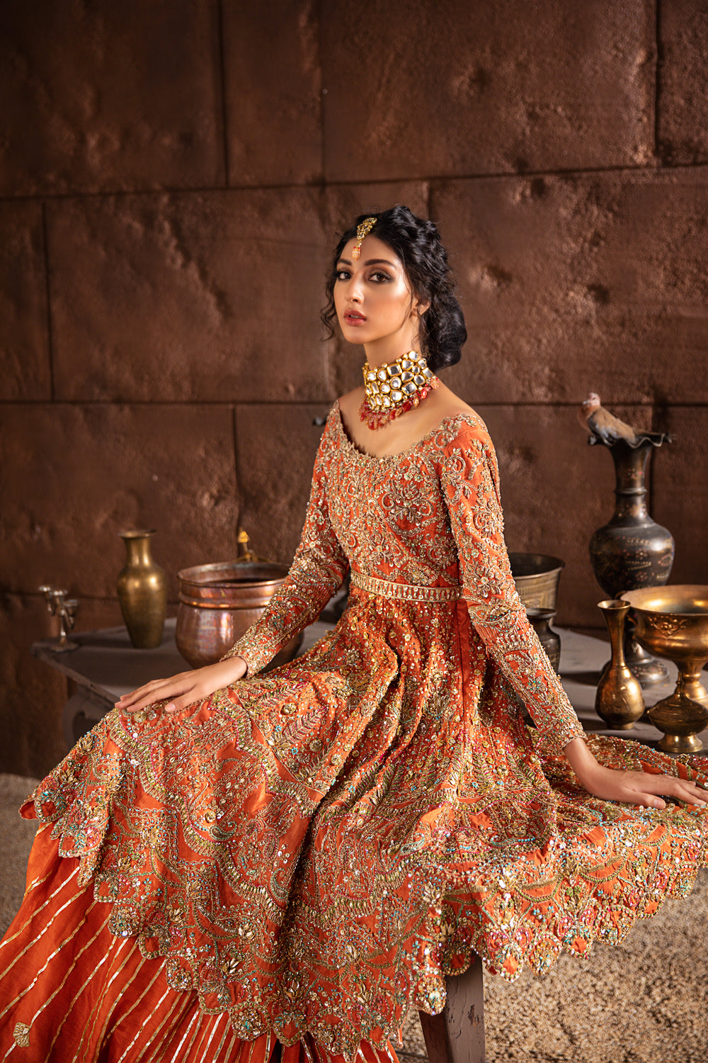 Pakistani Orange Hand-Embellished Raw Silk Bridal Lehenga (2-Piece) - Image 3