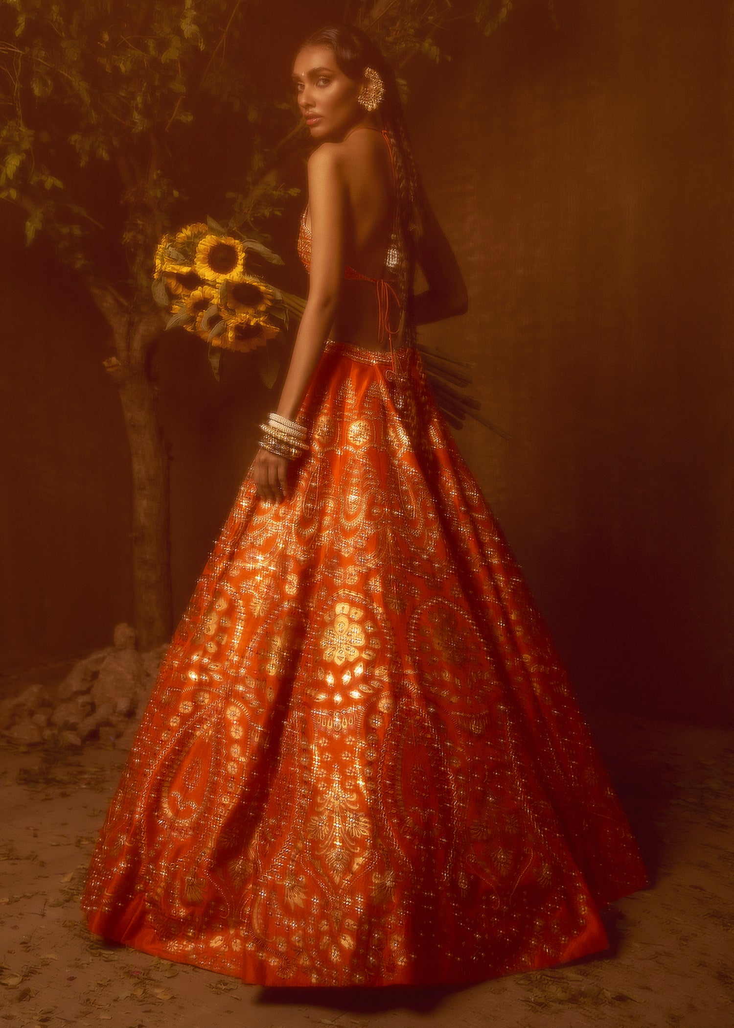 Pakistani Tangerine Embroidered Raw Silk Lehenga (3-Piece) - Image 3