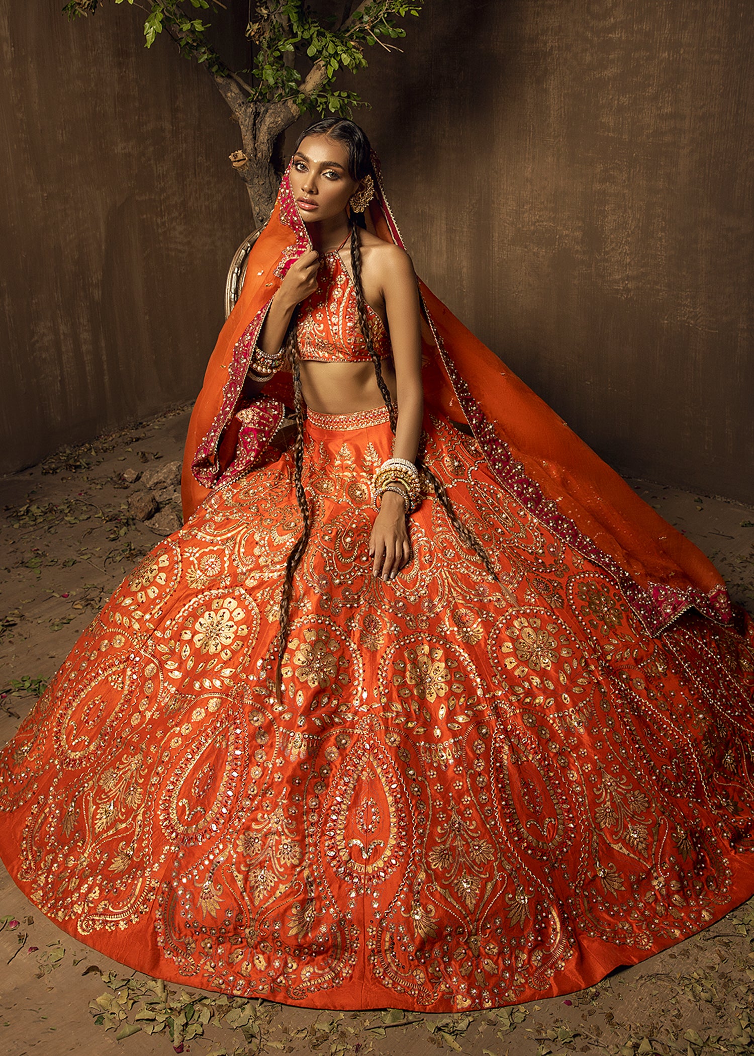 Pakistani Tangerine Embroidered Raw Silk Lehenga (3-Piece) - Image 4