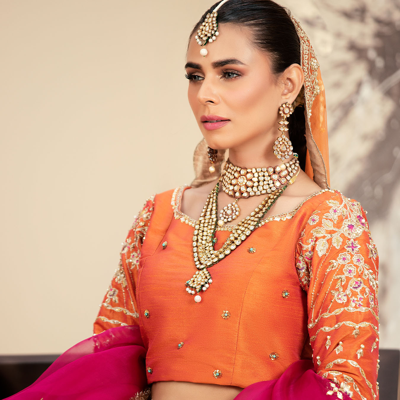 Tangerine Embroidered Raw Silk Kalidaar Lehnga Choli (4-Piece) - Image 2