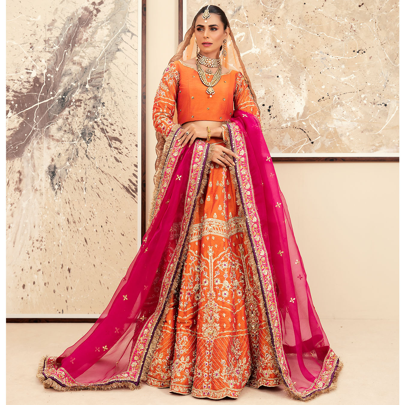 Tangerine Embroidered Raw Silk Kalidaar Lehnga Choli (4-Piece) - Image 3