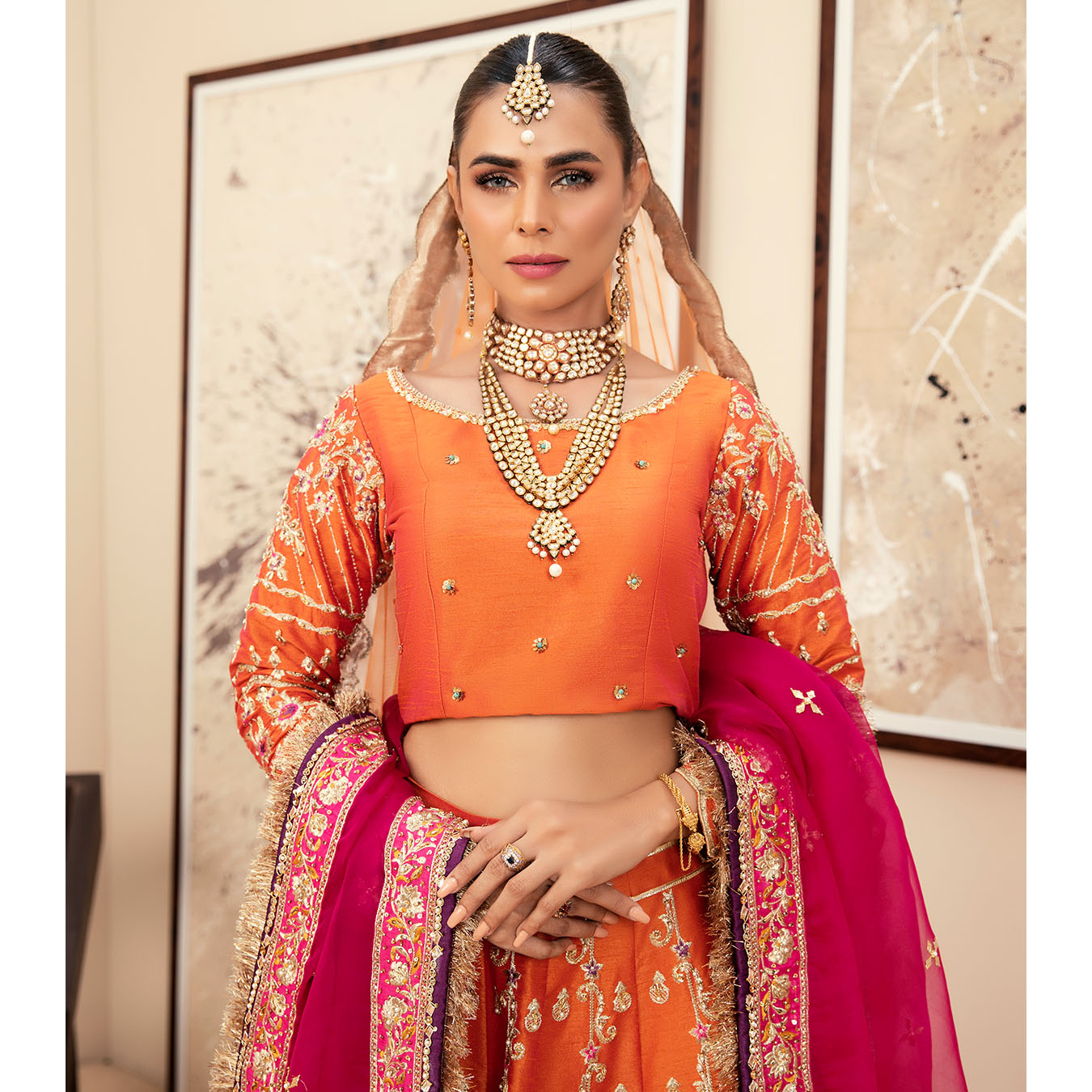 Tangerine Embroidered Raw Silk Kalidaar Lehnga Choli (4-Piece) - Image 4
