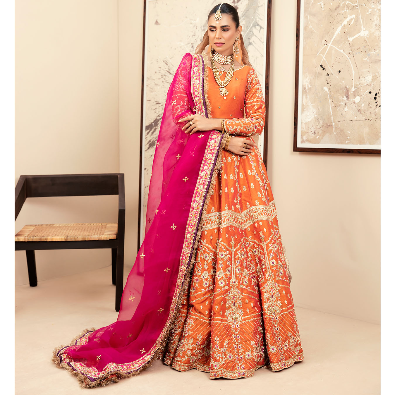 Tangerine Embroidered Raw Silk Kalidaar Lehnga Choli (4-Piece) - Image 5