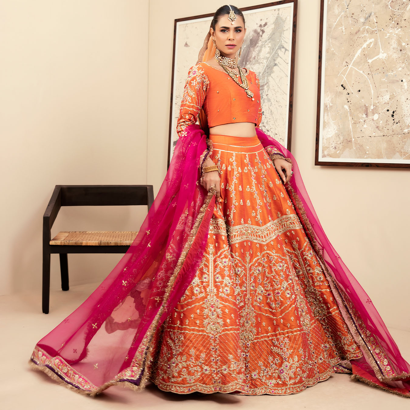 Tangerine Embroidered Raw Silk Kalidaar Lehnga Choli (4-Piece) - Image 6