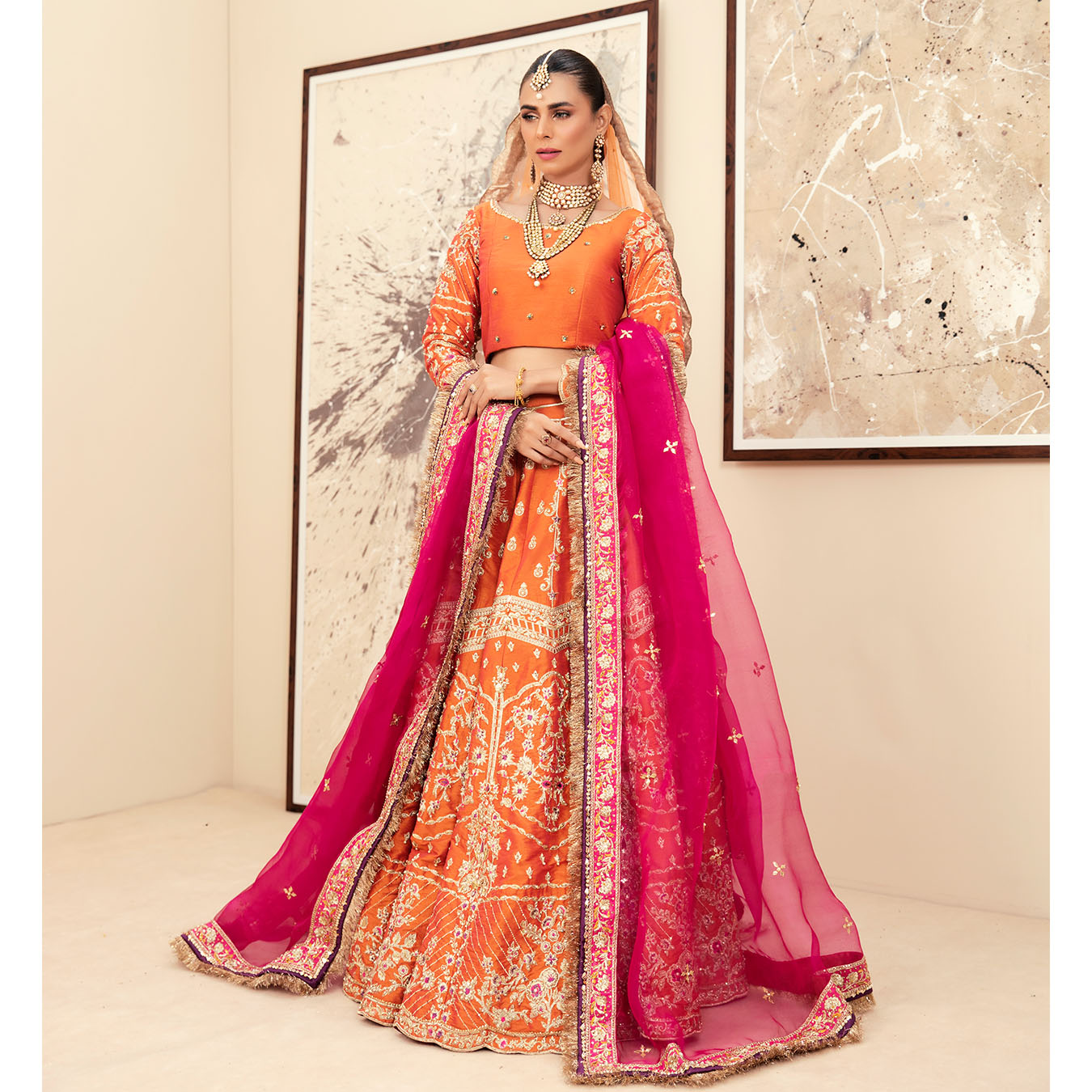 Tangerine Embroidered Raw Silk Kalidaar Lehnga Choli (4-Piece) - Image 7