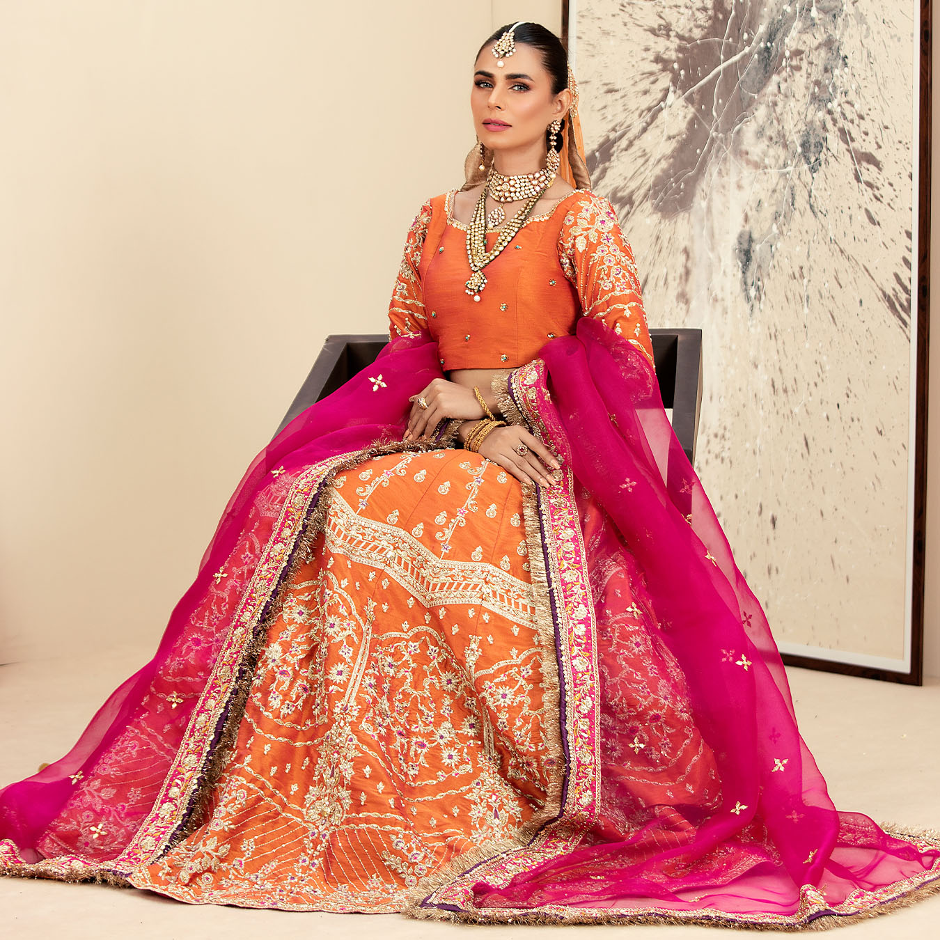 Tangerine Embroidered Raw Silk Kalidaar Lehnga Choli (4-Piece) - Image 8