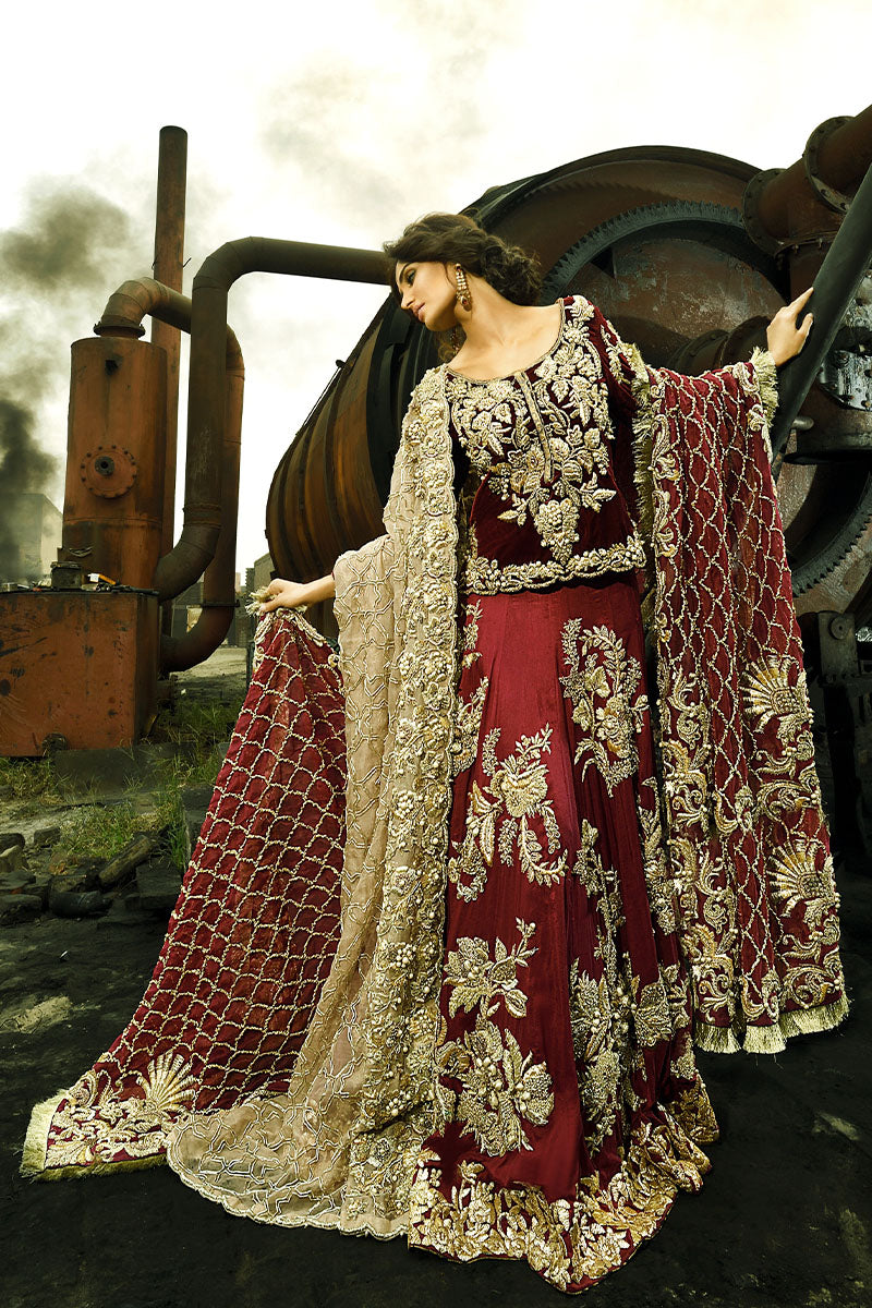 Persimmon Embroidered Raw Silk Lehenga Set (3-Piece) - Image 1