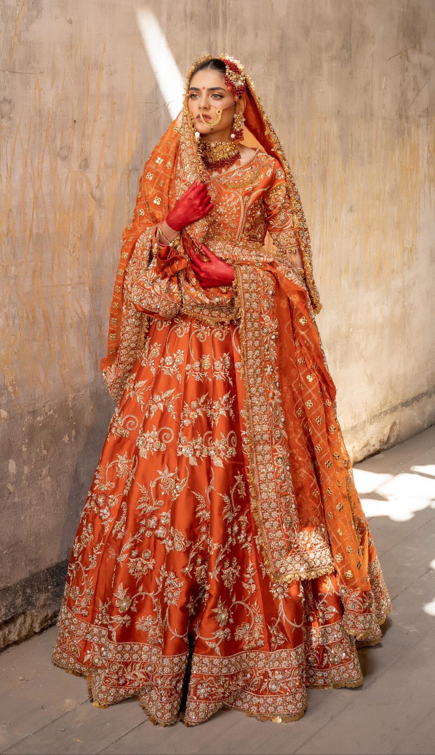 Pakistani Burnt Orange Embroidered Satin Silk Bridal Lehenga (3-Piece) - Image 1
